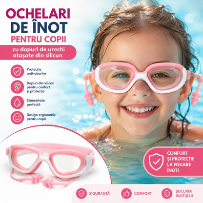 Ochelari de Inot pentru Copii cu Dopuri de Urechi din Silicon, Anti-Aburire, Roz, Reglabili
