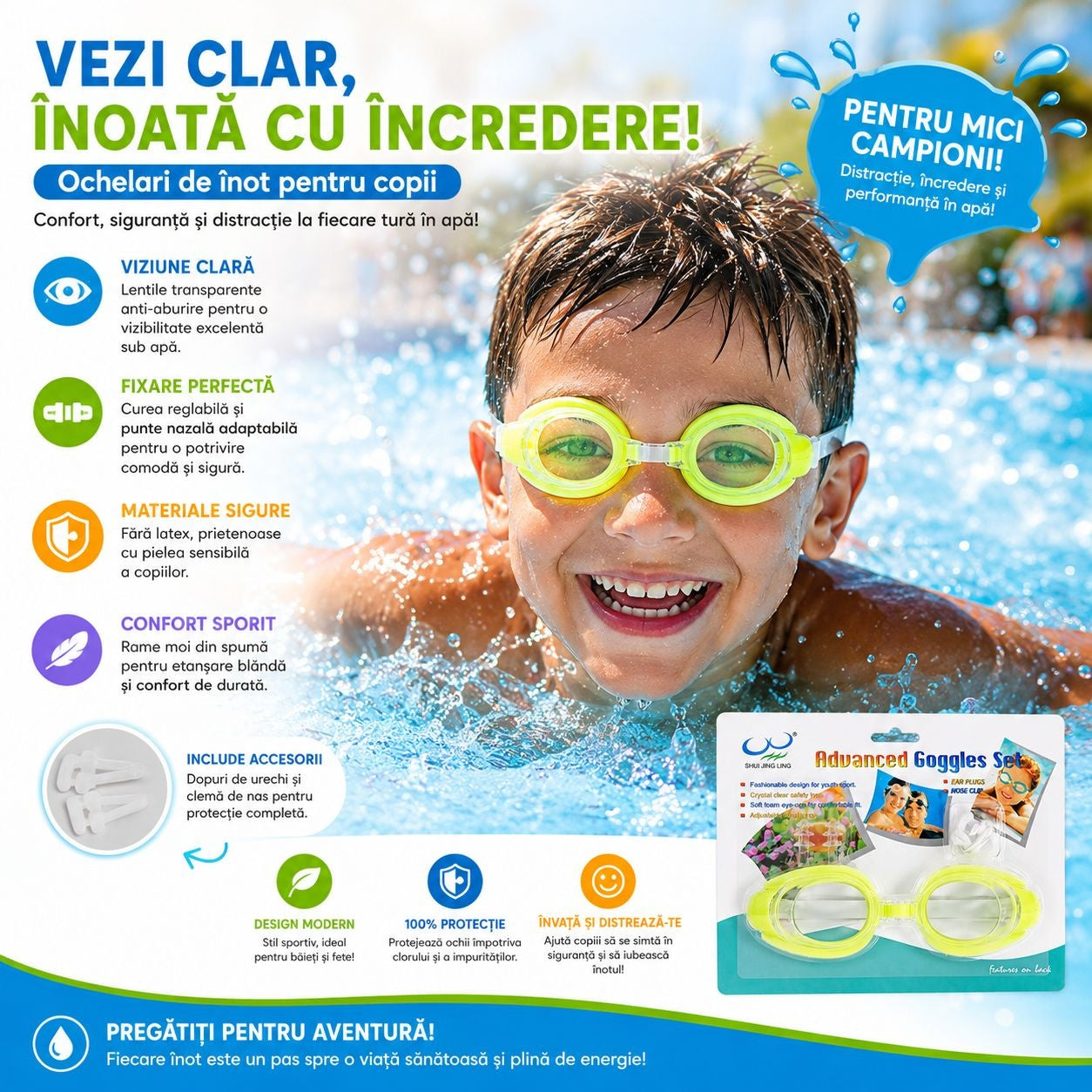 Ochelari de Înot pentru Copii Galben– Reglabili, Anti-aburire, Protecție UV, Confort Maxim