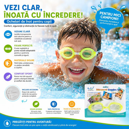 Ochelari de Înot pentru Copii Galben– Reglabili, Anti-aburire, Protecție UV, Confort Maxim