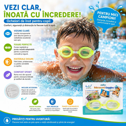 Ochelari de Înot pentru Copii Galben– Reglabili, Anti-aburire, Protecție UV, Confort Maxim