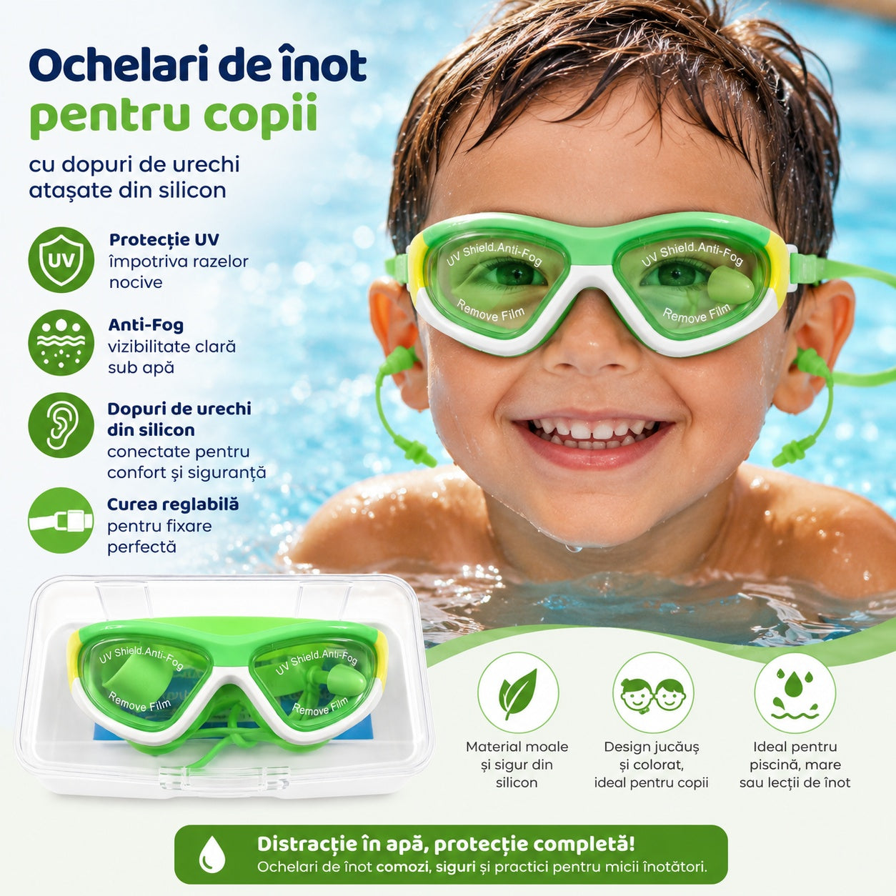 Ochelari de Inot pentru Copii Reglabili cu Dopuri de Urechi Silicon Anti-Fog UV verzi