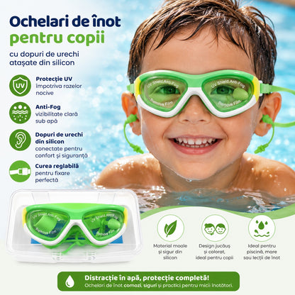 Ochelari de Inot pentru Copii Reglabili cu Dopuri de Urechi Silicon Anti-Fog UV verzi