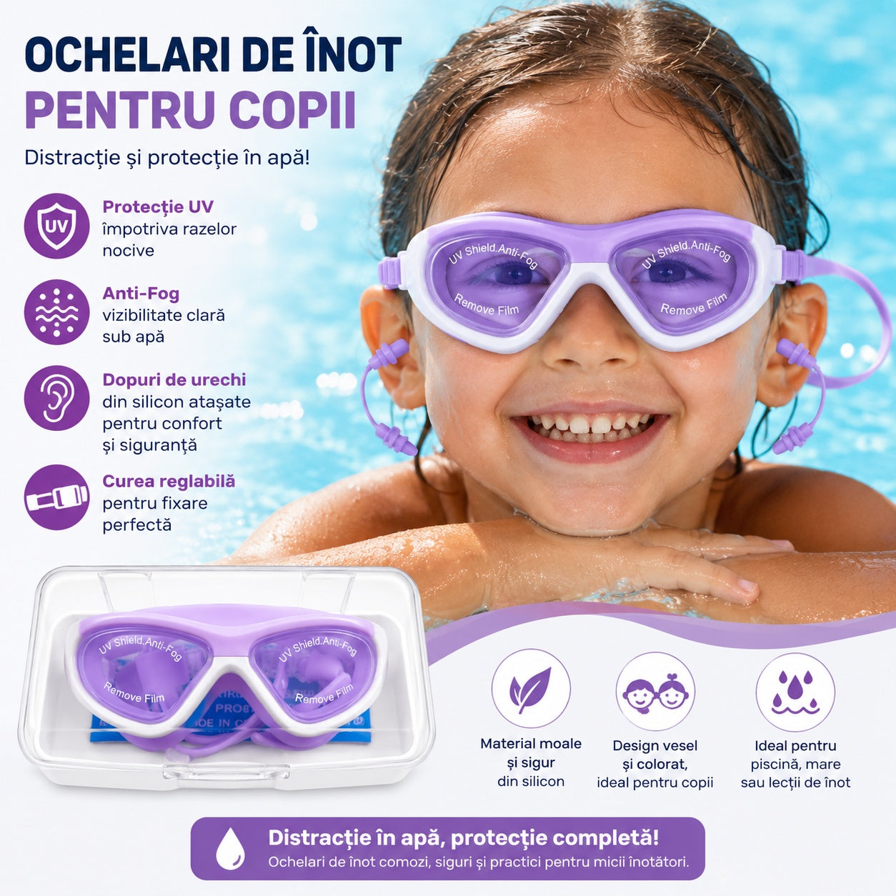 Ochelari de Inot pentru Copii Reglabili cu Dopuri de Urechi Silicon Anti-Fog UV mov