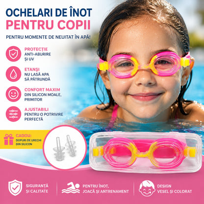 Ochelari de inot pentru copii roz galben reglabili cu dopuri de urechi din silicon