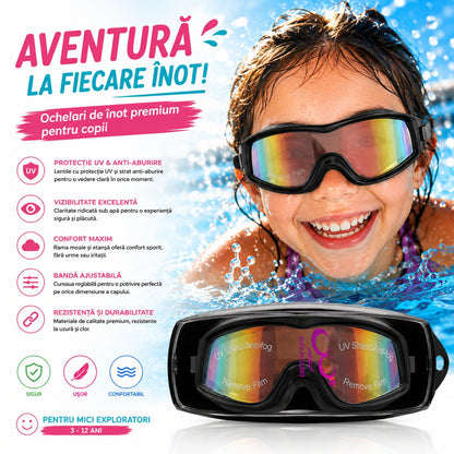 Ochelari de Înot Premium pentru Copii Negri – Anti-aburire, Protecție UV, Bandă Reglabilă