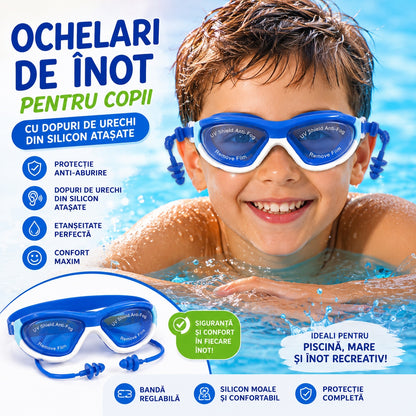 Ochelari de Inot Reglabili pentru Copii cu Dopuri din Silicon, Anti-Aburire, Albastru