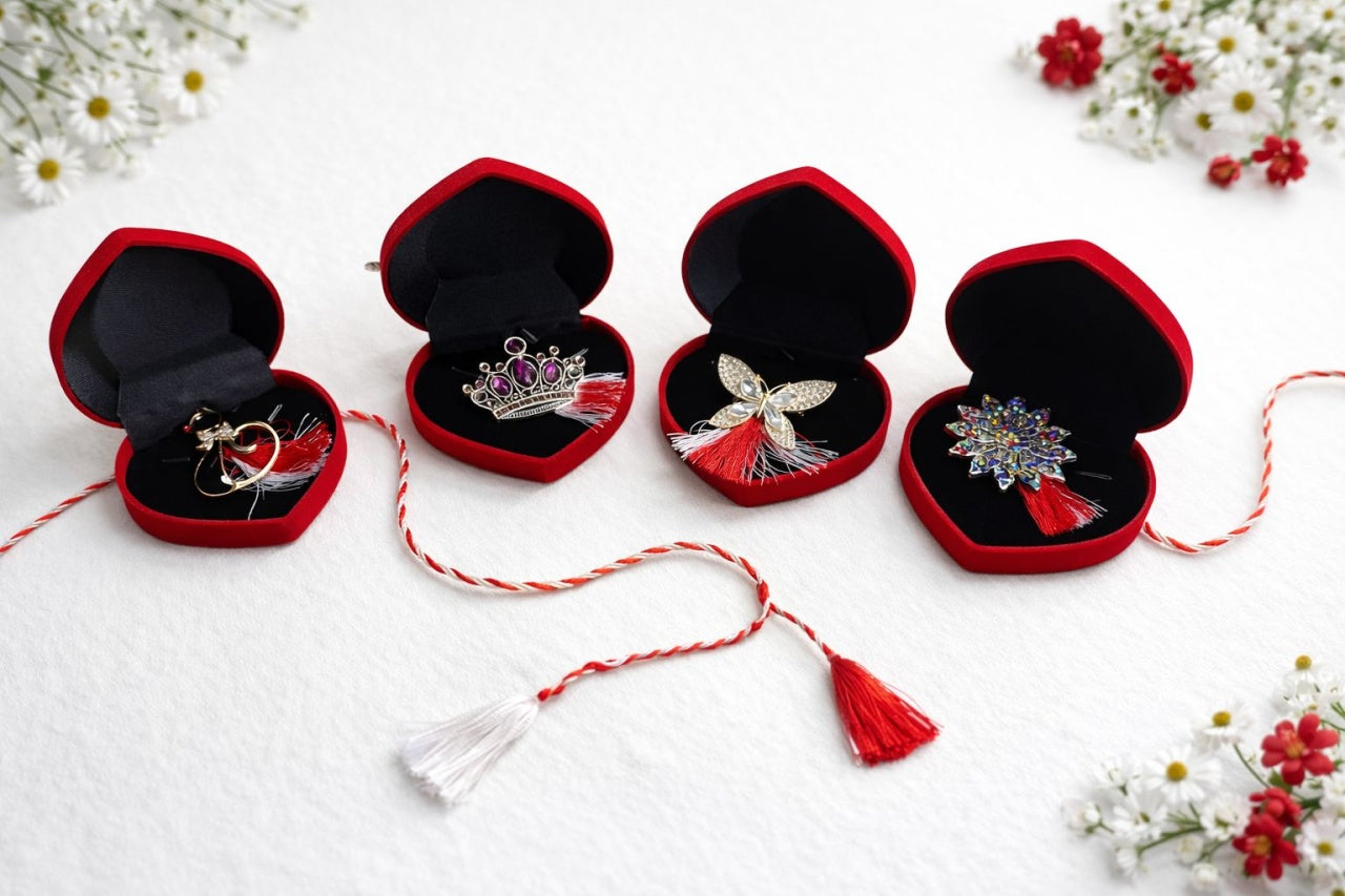 Oferta 9 brose modele mixte de 5 cm in cutie in forma de inimioara de 10x7 cm