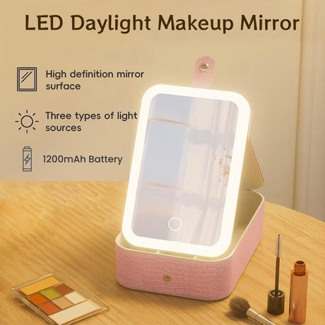 Oglinda cosmetica LED cu organizator bijuterii si cosmetice, 3 moduri lumina, reincarcabila, roz