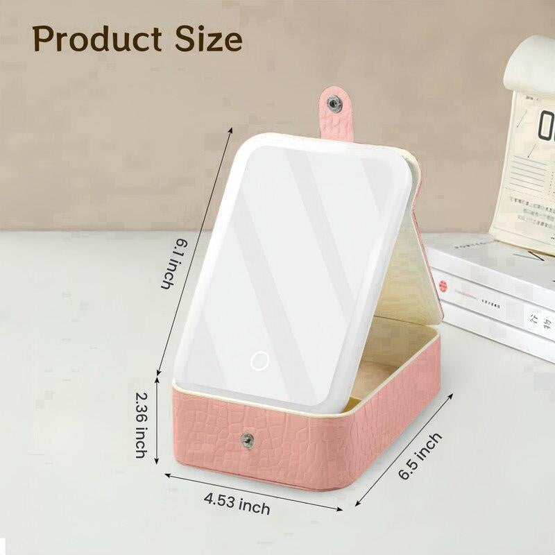 Oglinda cosmetica LED cu organizator bijuterii si cosmetice, 3 moduri lumina, reincarcabila, roz