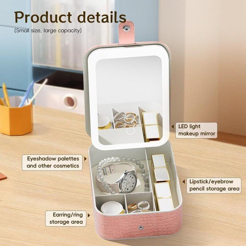 Oglinda cosmetica LED cu organizator bijuterii si cosmetice, 3 moduri lumina, reincarcabila, roz