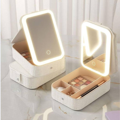 Oglinda cosmetica LED cu organizator bijuterii si cosmetice, 3 moduri lumina, reincarcabila, alb