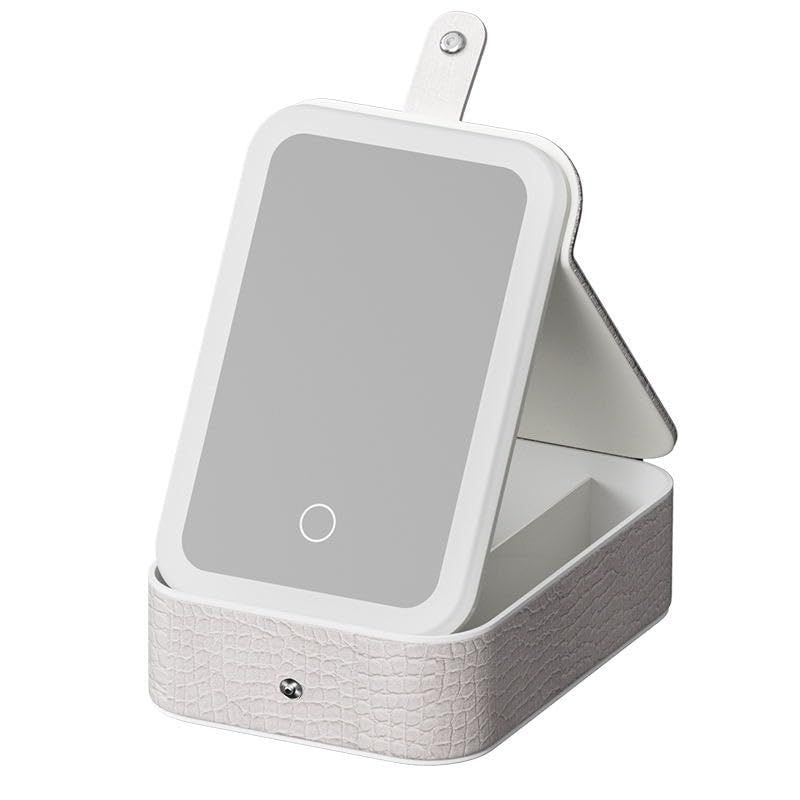 Oglinda cosmetica LED cu organizator bijuterii si cosmetice, 3 moduri lumina, reincarcabila, alb