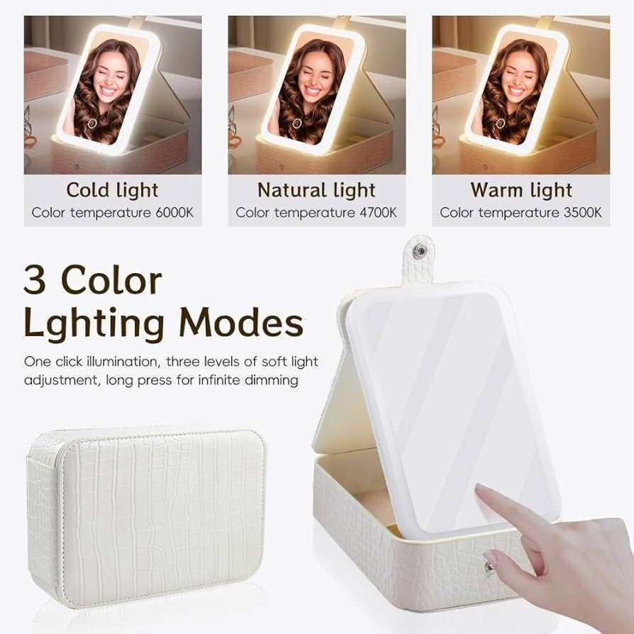 Oglinda cosmetica LED cu organizator bijuterii si cosmetice, 3 moduri lumina, reincarcabila, alb