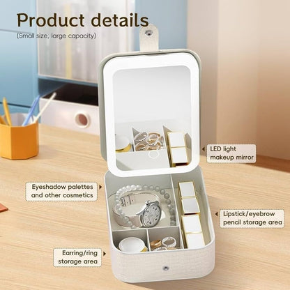Oglinda cosmetica LED cu organizator bijuterii si cosmetice, 3 moduri lumina, reincarcabila, alb