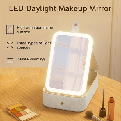 Oglinda cosmetica LED cu organizator bijuterii si cosmetice, 3 moduri lumina, reincarcabila, alb