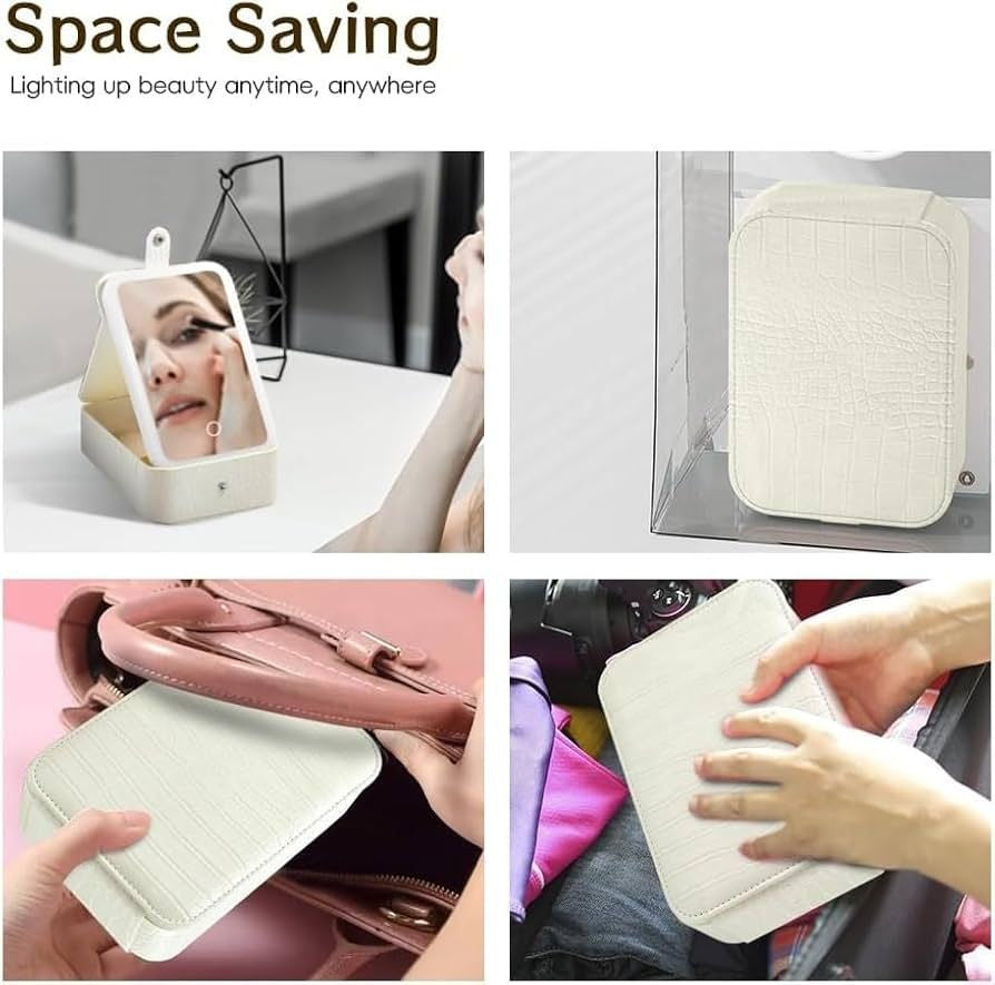 Oglinda cosmetica LED cu organizator bijuterii si cosmetice, 3 moduri lumina, reincarcabila, alb