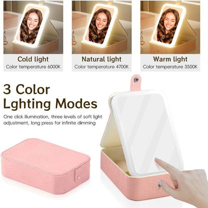 Oglinda cosmetica LED cu organizator bijuterii si cosmetice, 3 moduri lumina, reincarcabila, roz