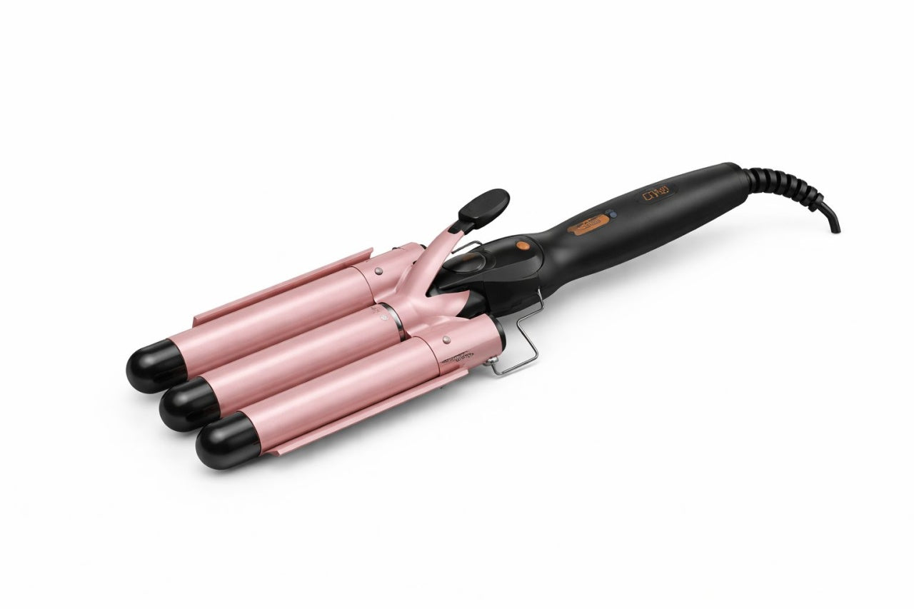 Ondulator par profesional 3 cilindri GW-7793, bucle tip valuri, incalzire PTC, roz cu negru