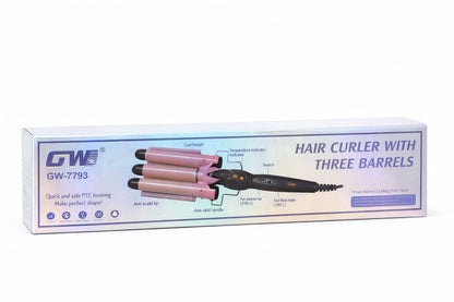 Ondulator par profesional 3 cilindri GW-7793, bucle tip valuri, incalzire PTC, roz cu negru