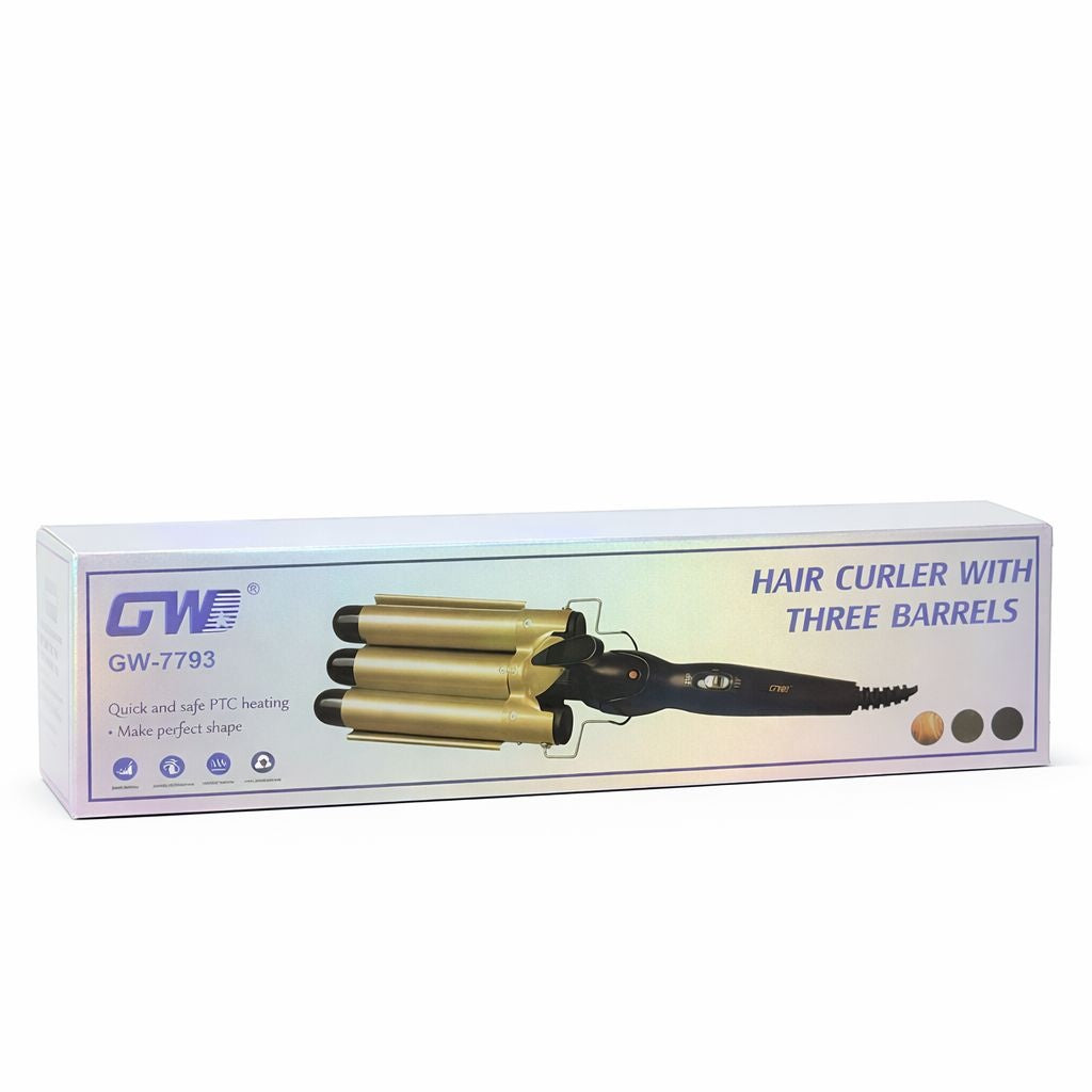 Ondulator par profesional 3 cilindri GW-7793, pentru bucle tip valuri, incalzire PTC