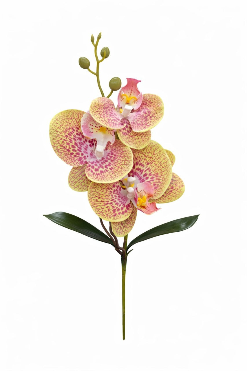 Orhidee artificiala 3 flori cu boboci si frunze 37 cm verde tigrat violet