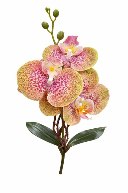 Orhidee artificiala 3 flori cu boboci si frunze 37 cm verde tigrat violet