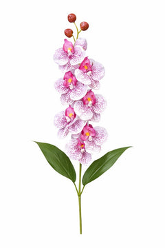 Orhidee artificiala eleganta alba cu accente mov, 6 flori si 3 boboci, 60 cm