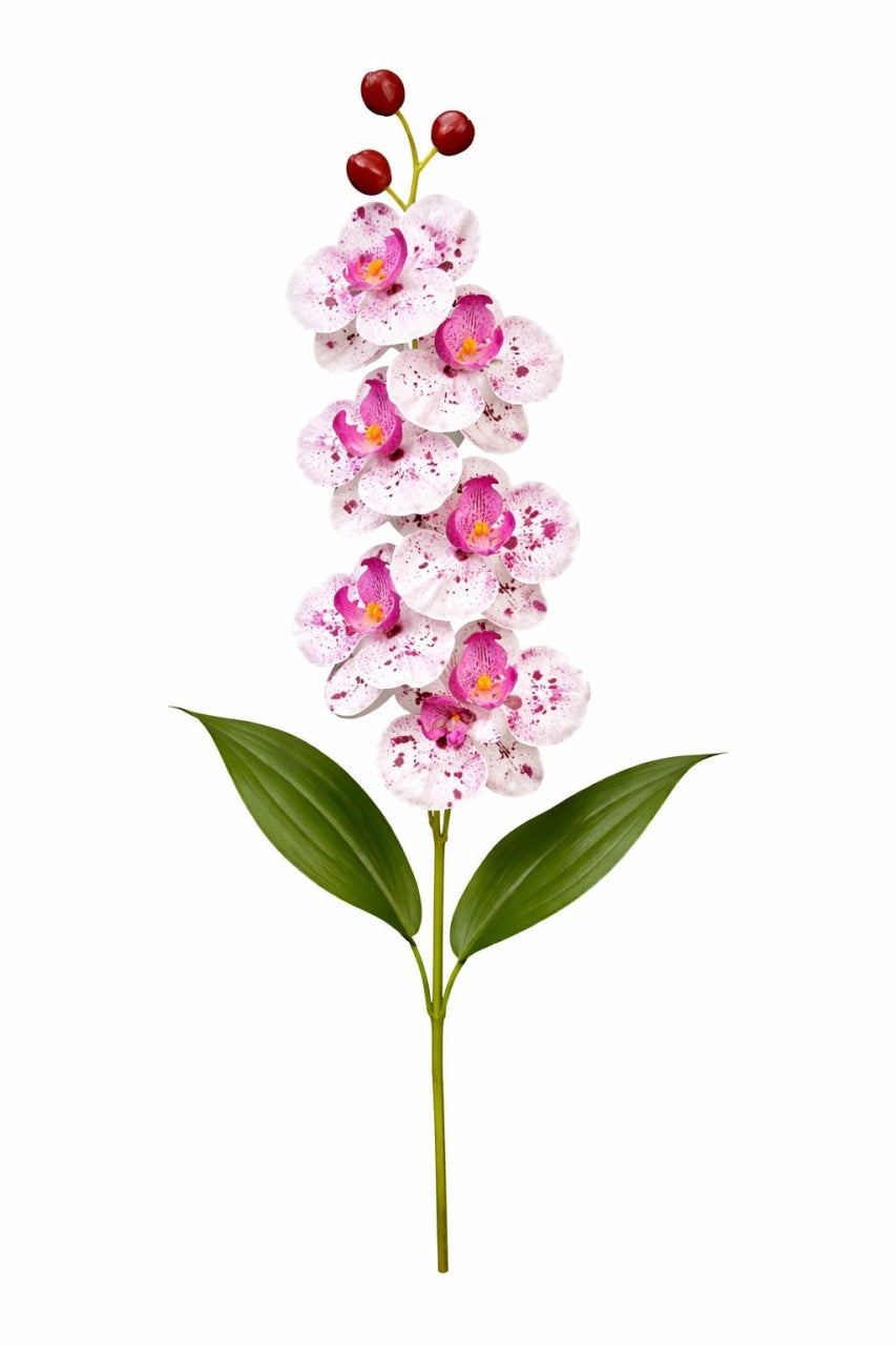 Orhidee artificiala eleganta alba cu pete mov, 6 flori si 3 boboci, 60 cm