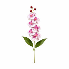 Orhidee artificiala eleganta alba cu pete mov, 6 flori si 3 boboci, 60 cm