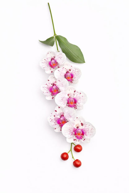 Orhidee artificiala eleganta alba cu pete mov, 6 flori si 3 boboci, 60 cm