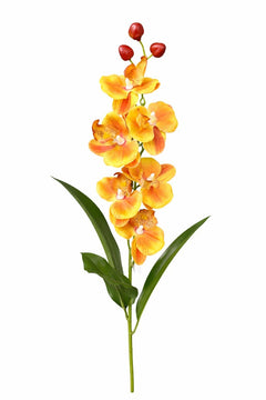 Orhidee artificiala eleganta galben-portocaliu, 6 flori si 3 boboci, 60 cm