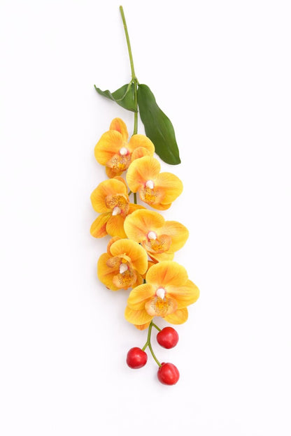 Orhidee artificiala eleganta galben-portocaliu, 6 flori si 3 boboci, 60 cm