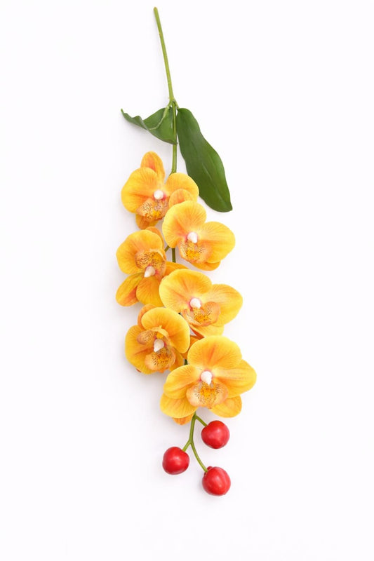 Orhidee artificiala eleganta galben-portocaliu, 6 flori si 3 boboci, 60 cm