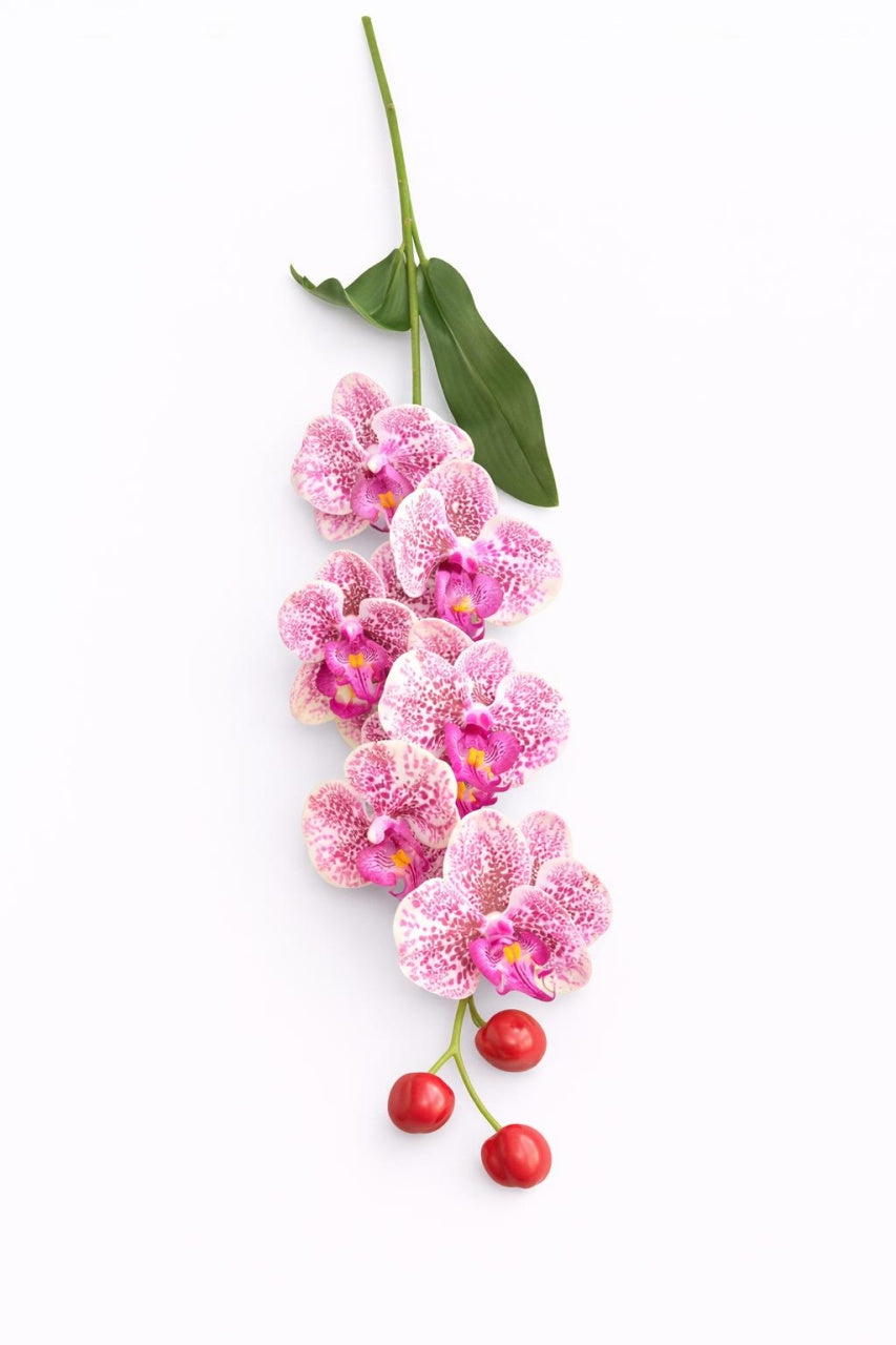 Orhidee artificiala eleganta verde deschis cu accente violet, 6 flori, 60 cm