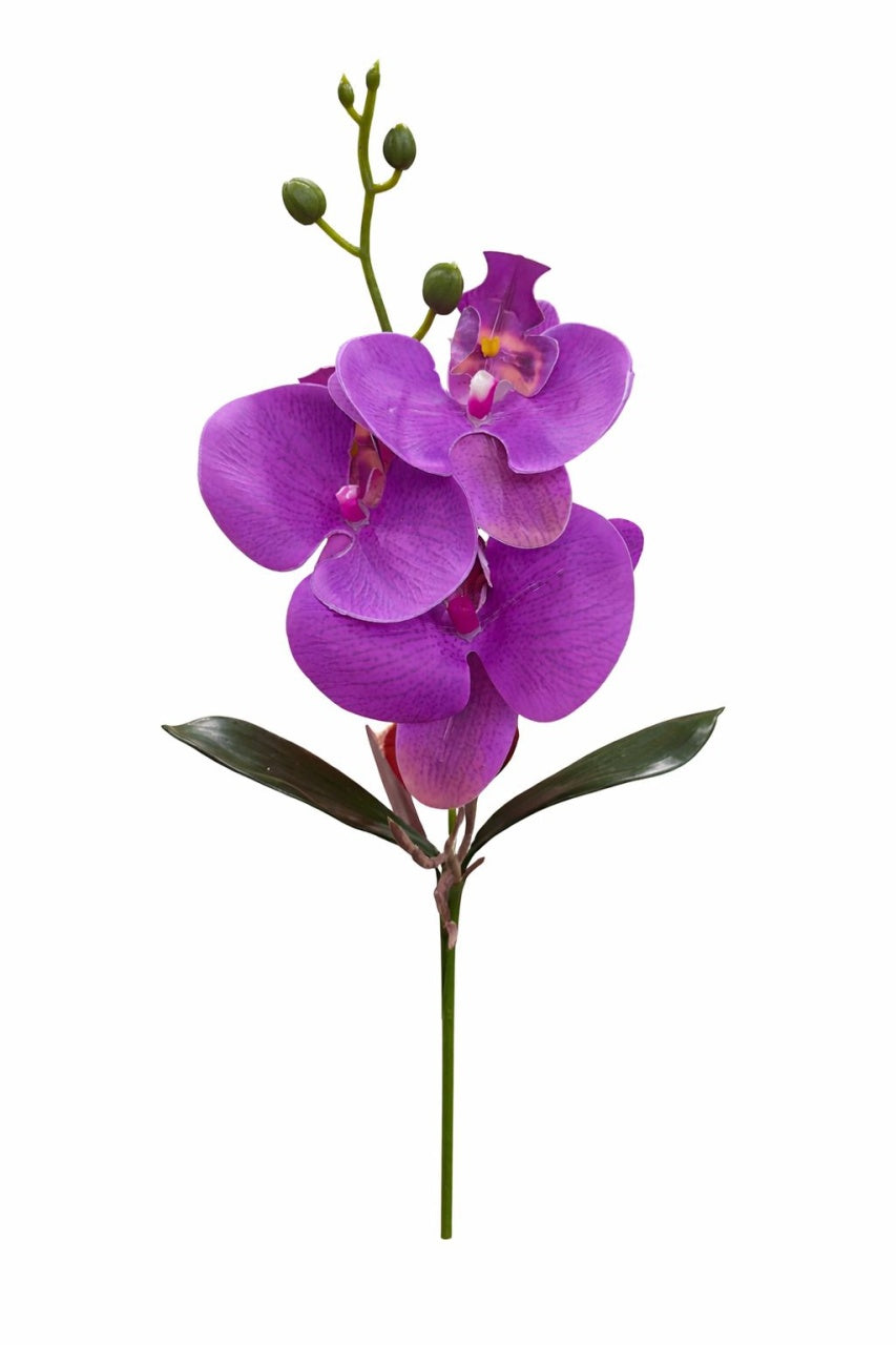 Orhidee artificiala mov delicat cu 3 flori si boboci, frunze decorative 37 cm