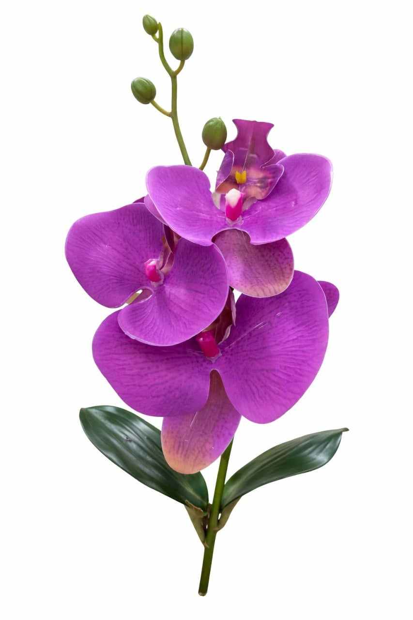 Orhidee artificiala mov delicat cu 3 flori si boboci, frunze decorative 37 cm