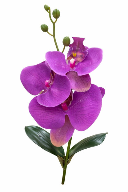 Orhidee artificiala mov delicat cu 3 flori si boboci, frunze decorative 37 cm