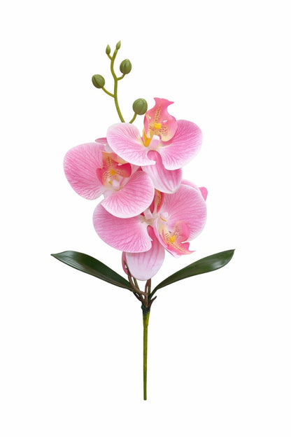 Orhidee artificiala roz delicat cu alb, 3 flori si boboci, frunze decorative 37 cm