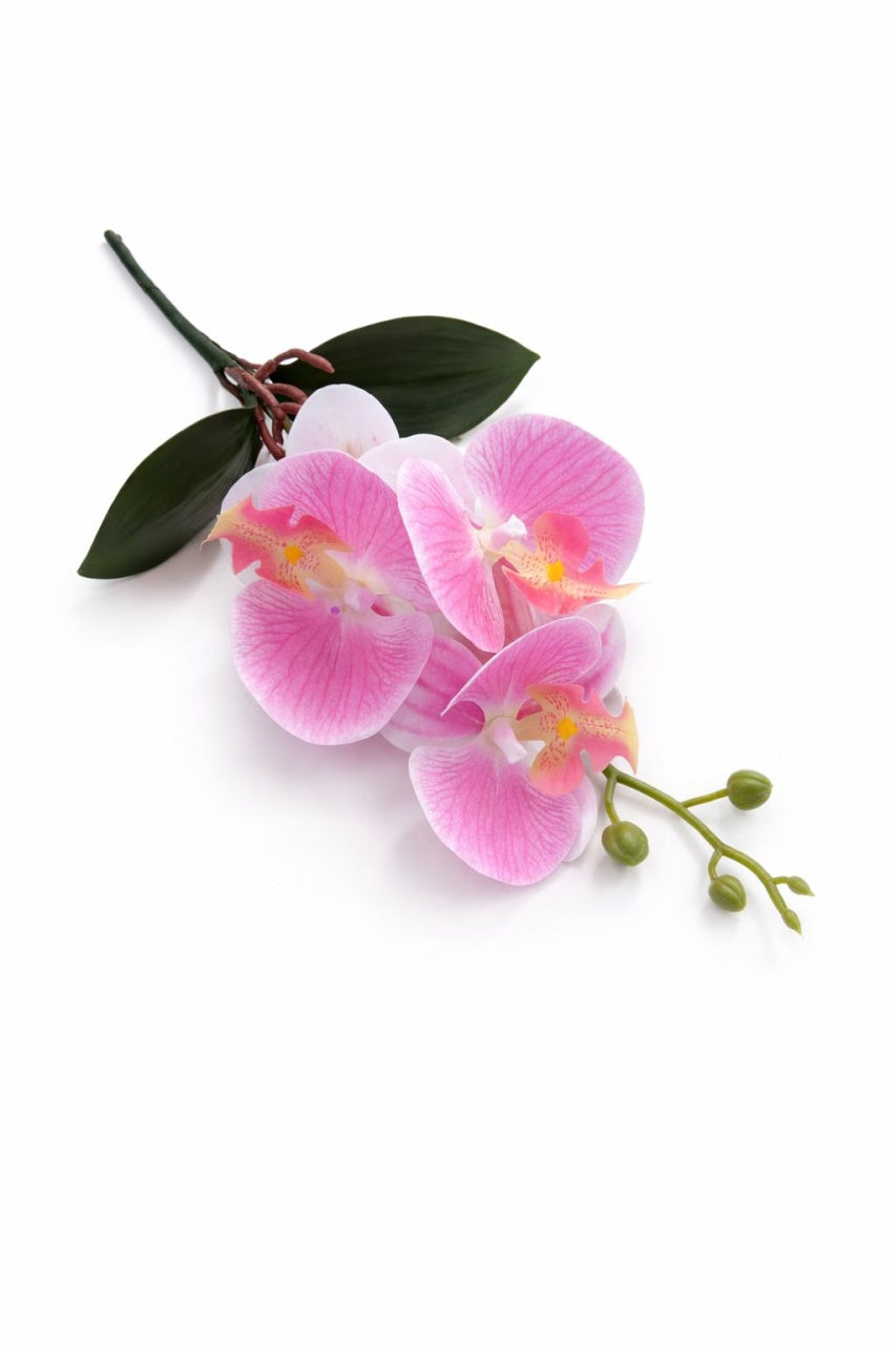 Orhidee artificiala roz delicat cu alb, 3 flori si boboci, frunze decorative 37 cm