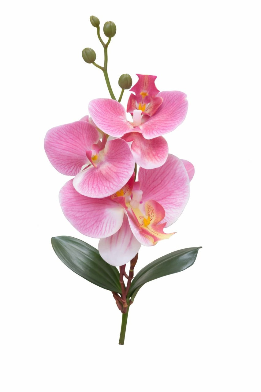 Orhidee artificiala roz delicat cu alb, 3 flori si boboci, frunze decorative 37 cm