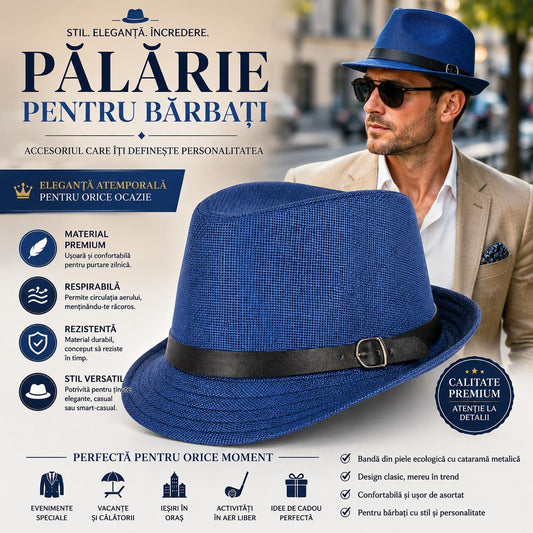 Pălărie Albastră pentru Bărbați cu Bandă Neagră și Cataramă – Elegantă și Modernă