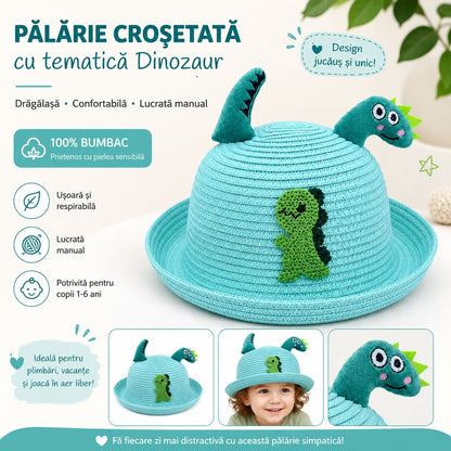 Palarie bleu copii cu dinozaur, crosetata manual, bumbac confortabil