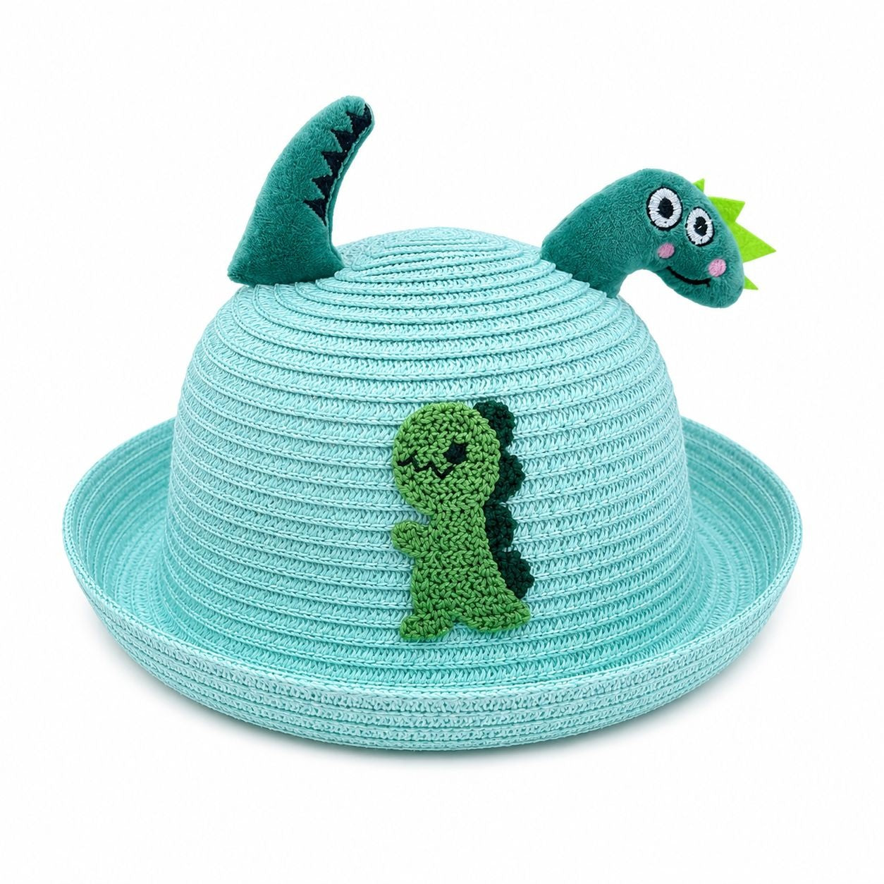 Palarie bleu copii cu dinozaur, crosetata manual, bumbac confortabil