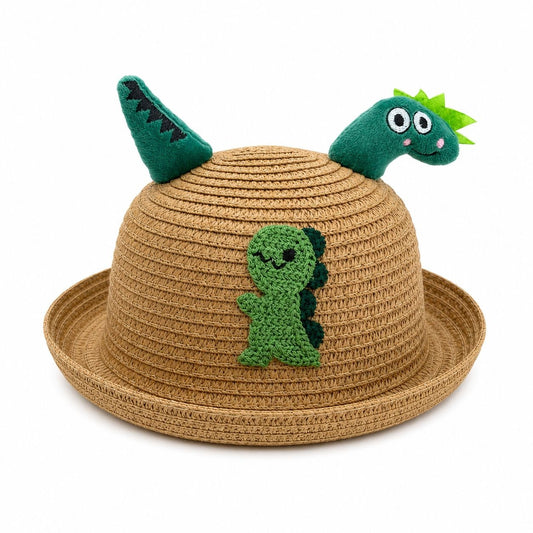 Palarie copii cu dinozaur verde, crosetata manual, bumbac, model maro
