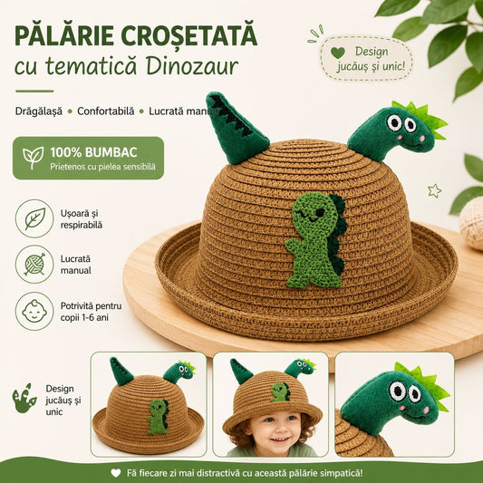Palarie copii cu dinozaur verde, crosetata manual, bumbac, model maro