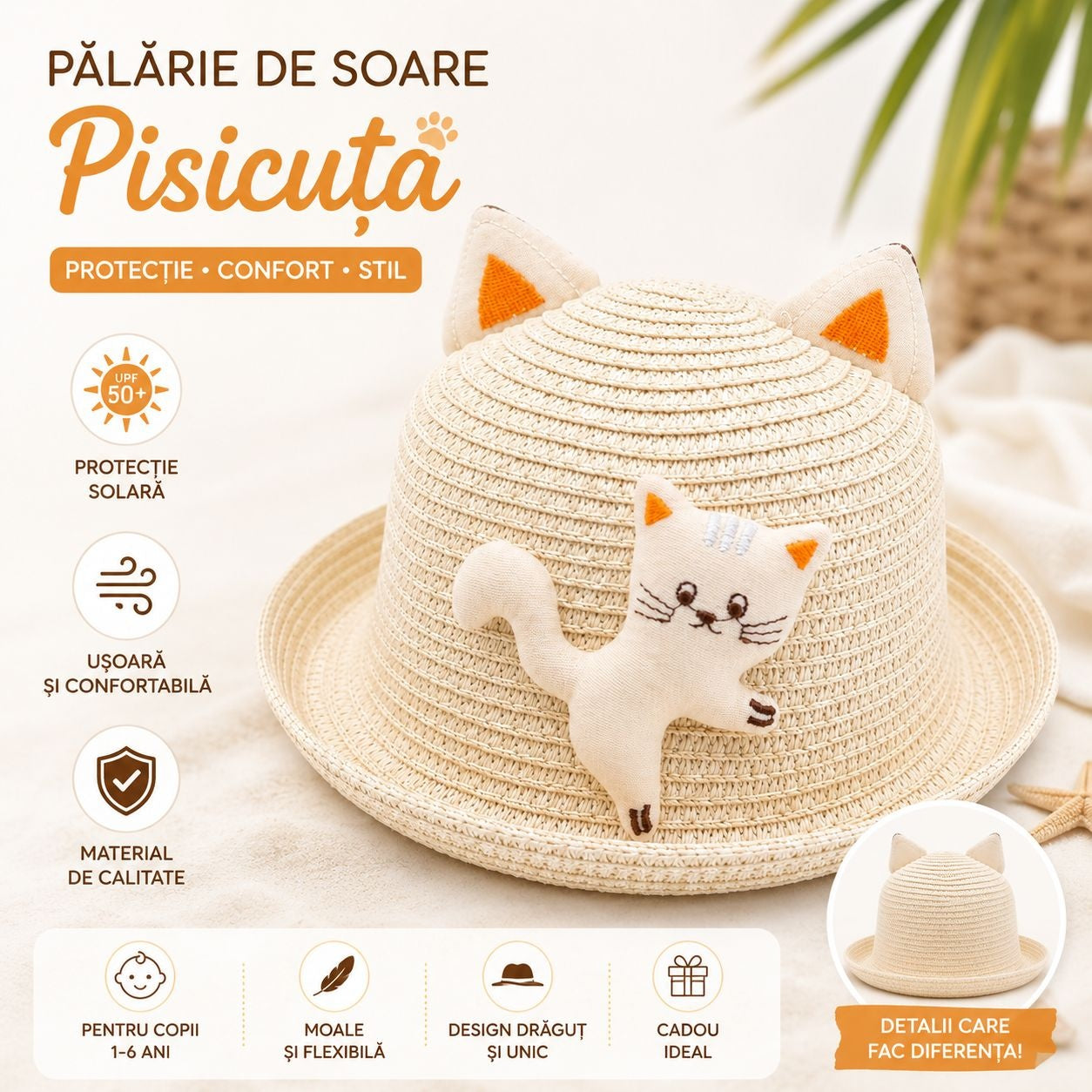 Palarie copii cu pisicuta decorativa crem, model crosetat, usoara si confortabila