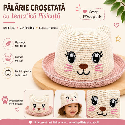 Palarie copii cu pisicuta roz, crosetata manual, bumbac, crem-roz