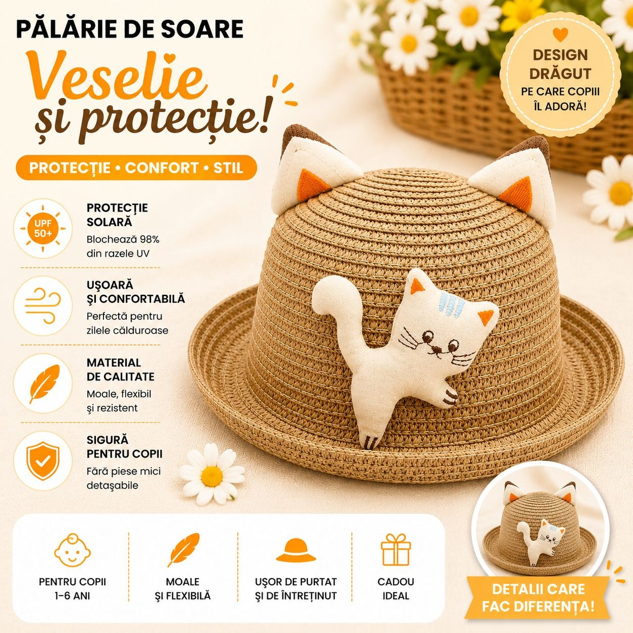 Palarie copii cu pisicuta si urechi decorative, crosetata manual, maro deschis