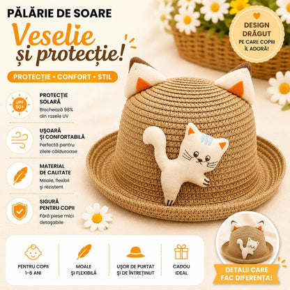 Palarie copii cu pisicuta si urechi decorative, crosetata manual, maro deschis