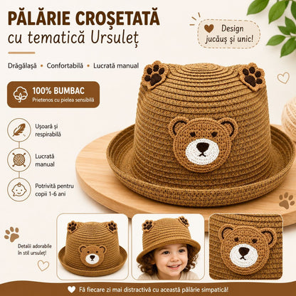 Palarie copii cu ursulet, crosetata manual, bumbac, model maro natur, 1-6 ani